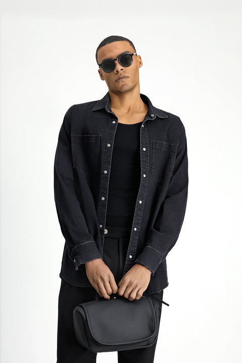 Siyah Uzun Kol Oversize Pamuklu Denim Gömlek