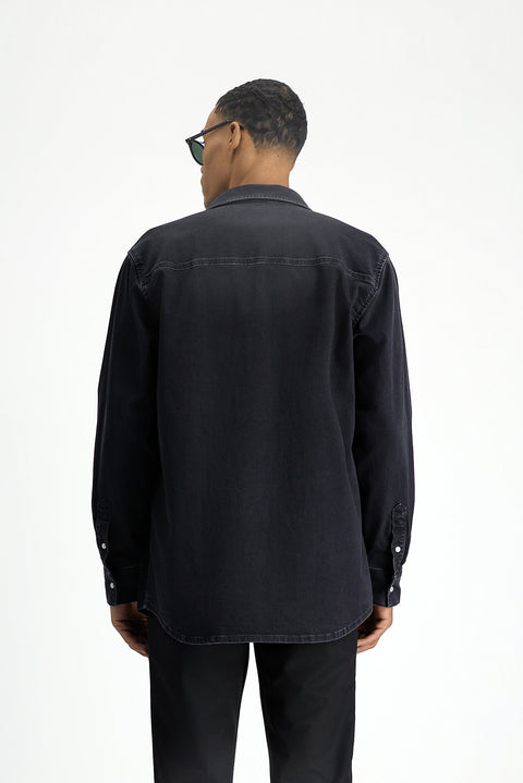 Siyah Uzun Kol Oversize Pamuklu Denim Gömlek