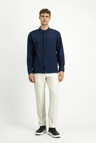  Koyu Lacivert Uzun Kol Oversize Ekstra Rahat Kesim Desenli Pamuklu Spor Gofre Gömlek