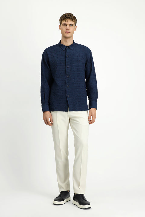 Koyu Lacivert Uzun Kol Oversize Ekstra Rahat Kesim Desenli Pamuklu Spor Gofre Gömlek