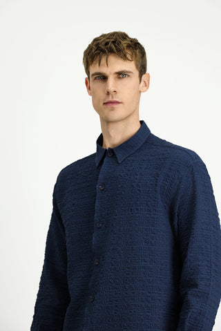  Koyu Lacivert Uzun Kol Oversize Ekstra Rahat Kesim Desenli Pamuklu Spor Gofre Gömlek