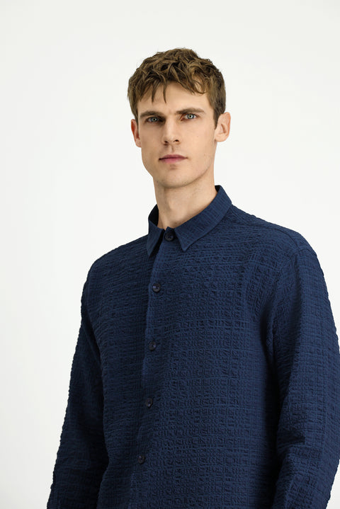 Koyu Lacivert Uzun Kol Oversize Ekstra Rahat Kesim Desenli Pamuklu Spor Gofre Gömlek