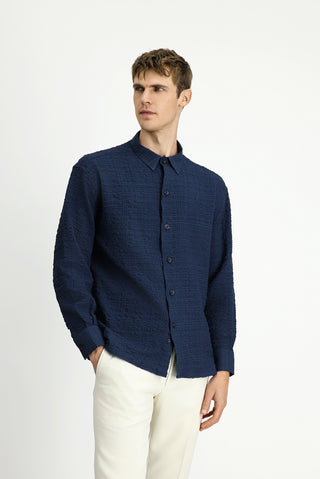  Koyu Lacivert Uzun Kol Oversize Ekstra Rahat Kesim Desenli Pamuklu Spor Gofre Gömlek