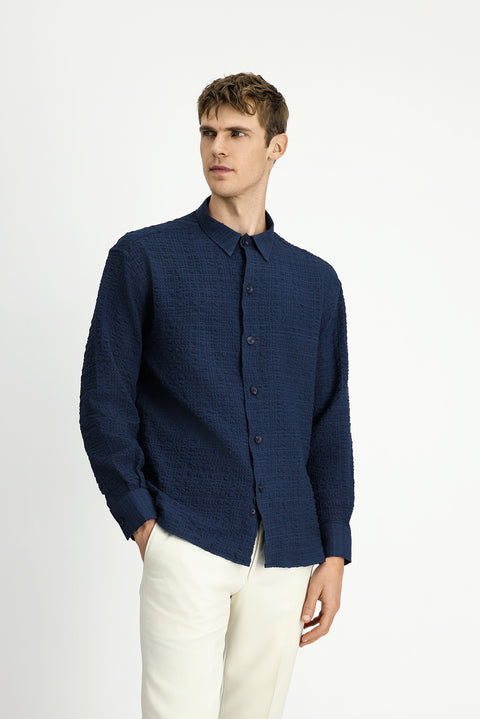 Koyu Lacivert Uzun Kol Oversize Ekstra Rahat Kesim Desenli Pamuklu Spor Gofre Gömlek