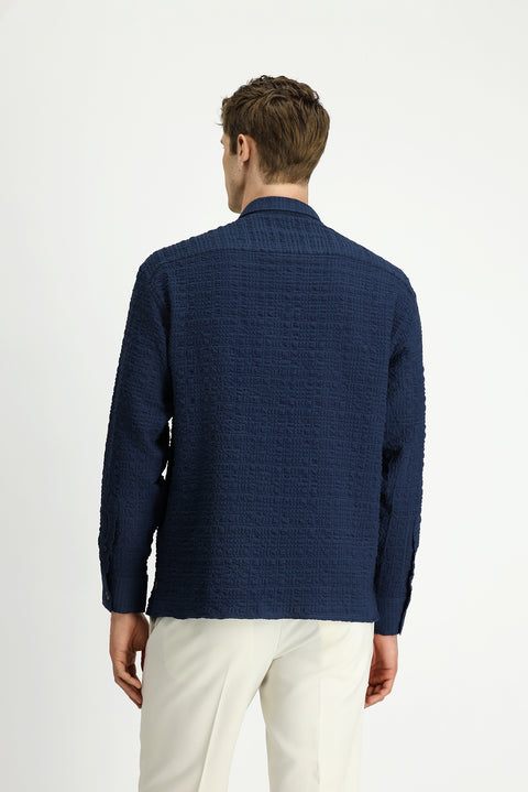 Koyu Lacivert Uzun Kol Oversize Ekstra Rahat Kesim Desenli Pamuklu Spor Gofre Gömlek