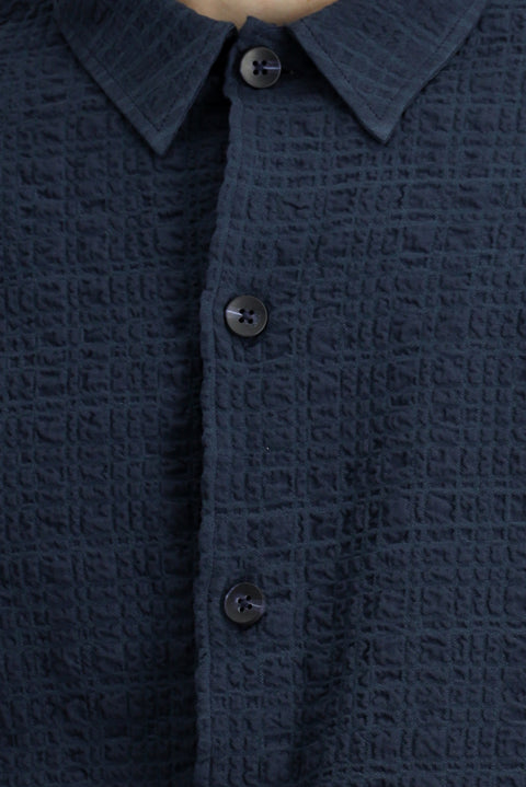 Koyu Lacivert Uzun Kol Oversize Ekstra Rahat Kesim Desenli Pamuklu Spor Gofre Gömlek