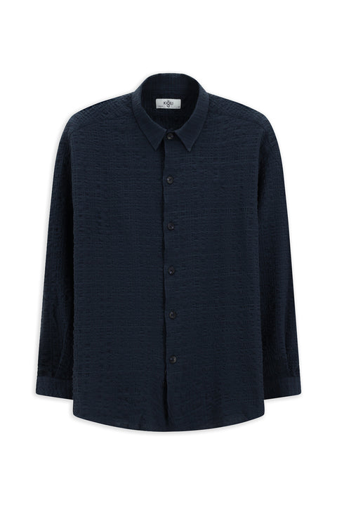 Koyu Lacivert Uzun Kol Oversize Ekstra Rahat Kesim Desenli Pamuklu Spor Gofre Gömlek