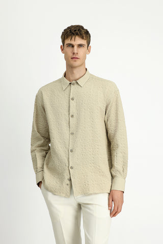  Orta Bej Uzun Kol Oversize Ekstra Rahat Kesim Desenli Pamuklu Spor Gofre Gömlek