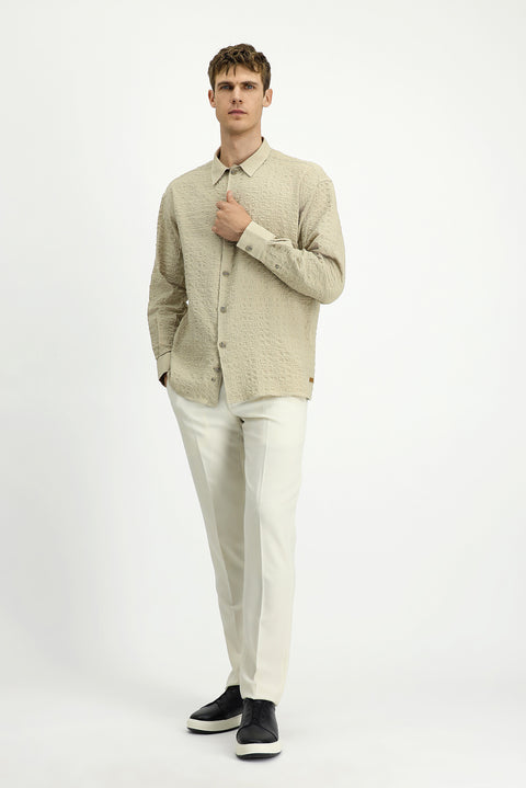 Orta Bej Uzun Kol Oversize Ekstra Rahat Kesim Desenli Pamuklu Spor Gofre Gömlek