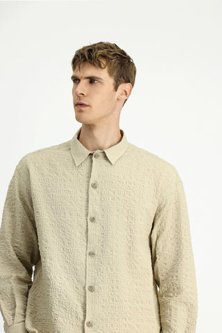  Orta Bej Uzun Kol Oversize Ekstra Rahat Kesim Desenli Pamuklu Spor Gofre Gömlek