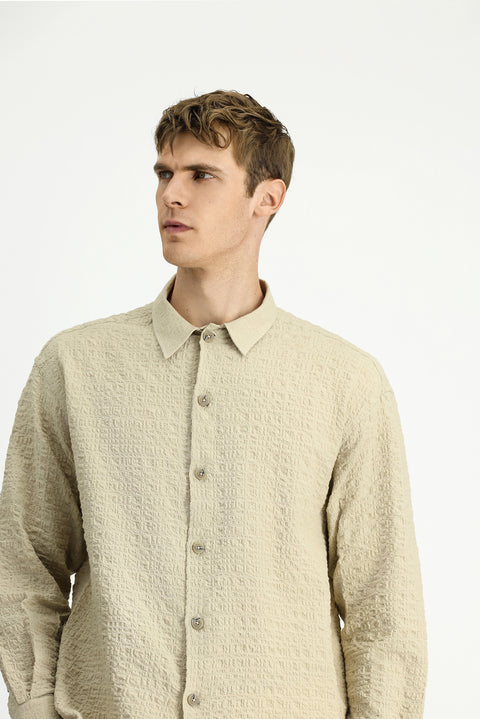 Orta Bej Uzun Kol Oversize Ekstra Rahat Kesim Desenli Pamuklu Spor Gofre Gömlek