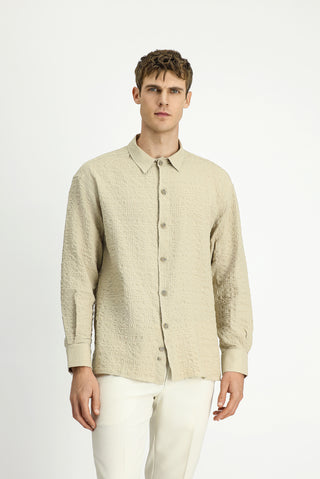  Orta Bej Uzun Kol Oversize Ekstra Rahat Kesim Desenli Pamuklu Spor Gofre Gömlek