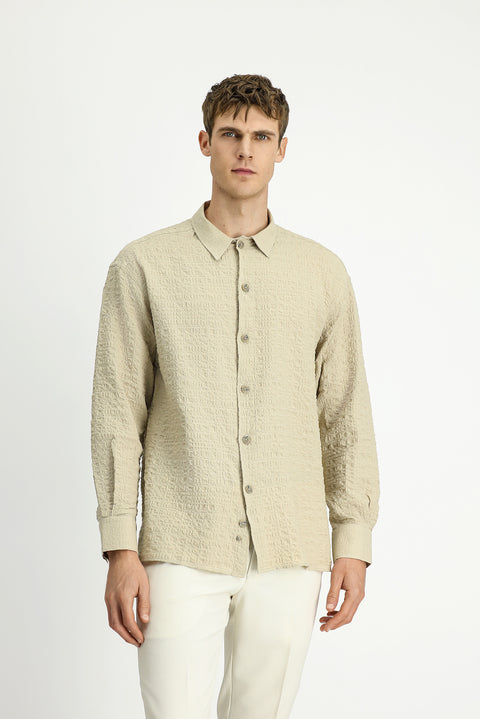 Orta Bej Uzun Kol Oversize Ekstra Rahat Kesim Desenli Pamuklu Spor Gofre Gömlek