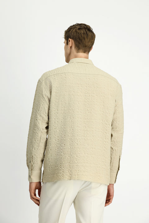 Orta Bej Uzun Kol Oversize Ekstra Rahat Kesim Desenli Pamuklu Spor Gofre Gömlek