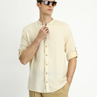 Ekru Uzun Kol Regular Fit Desenli Pamuklu Keten Gömlek