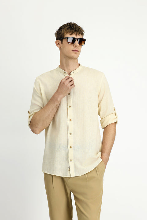 Ekru Uzun Kol Regular Fit Desenli Pamuklu Keten Gömlek