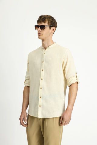  Ekru Uzun Kol Regular Fit Desenli Pamuklu Keten Gömlek