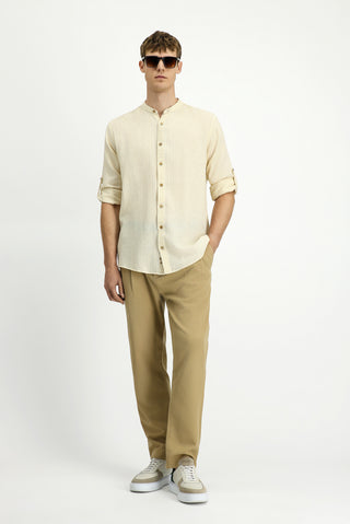  Ekru Uzun Kol Regular Fit Desenli Pamuklu Keten Gömlek