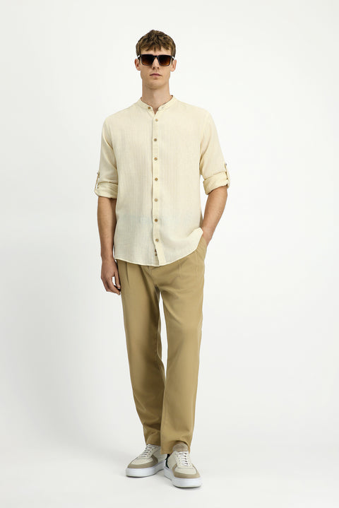 Ekru Uzun Kol Regular Fit Desenli Pamuklu Keten Gömlek