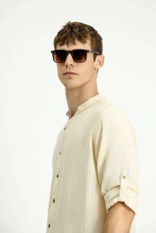  Ekru Uzun Kol Regular Fit Desenli Pamuklu Keten Gömlek