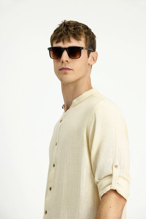 Ekru Uzun Kol Regular Fit Desenli Pamuklu Keten Gömlek