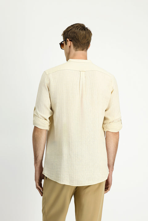 Ekru Uzun Kol Regular Fit Desenli Pamuklu Keten Gömlek