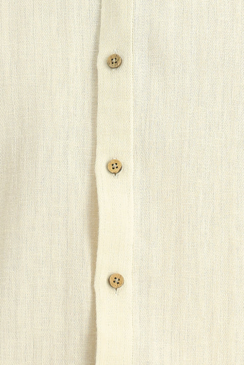 Ekru Uzun Kol Regular Fit Desenli Pamuklu Keten Gömlek