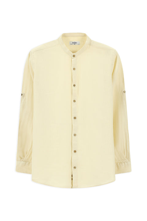 Ekru Uzun Kol Regular Fit Desenli Pamuklu Keten Gömlek