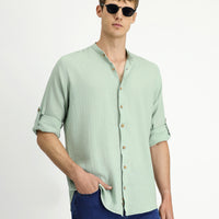Mint Yeşili Uzun Kol Regular Fit Desenli Pamuklu Keten Gömlek