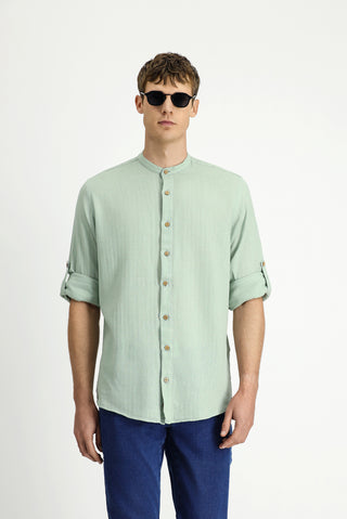  Mint Yeşili Uzun Kol Regular Fit Desenli Pamuklu Keten Gömlek