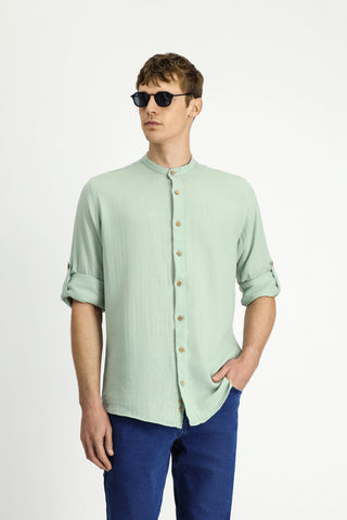  Mint Yeşili Uzun Kol Regular Fit Desenli Pamuklu Keten Gömlek