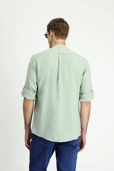 Mint Yeşili Uzun Kol Regular Fit Desenli Pamuklu Keten Gömlek
