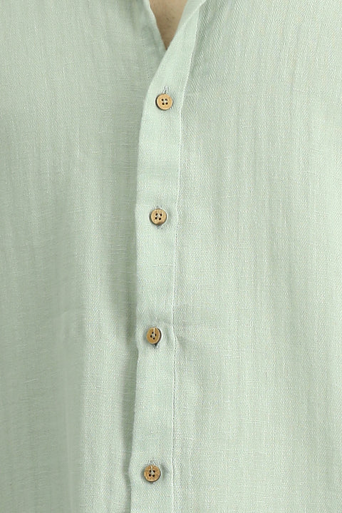 Mint Yeşili Uzun Kol Regular Fit Desenli Pamuklu Keten Gömlek