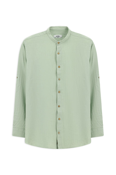 Mint Yeşili Uzun Kol Regular Fit Desenli Pamuklu Keten Gömlek