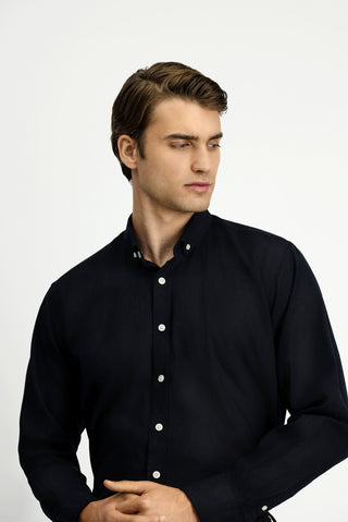  Siyah Uzun Kol Regular Fit Düğmeli Yaka Pamuklu Keten Gömlek