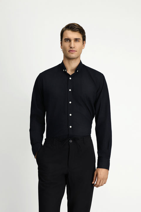 Siyah Uzun Kol Regular Fit Düğmeli Yaka Pamuklu Keten Gömlek