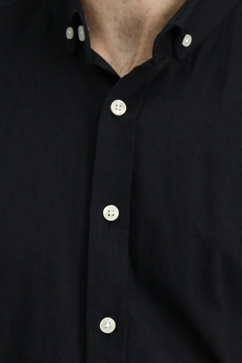 Siyah Uzun Kol Regular Fit Düğmeli Yaka Pamuklu Keten Gömlek