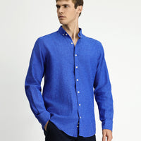 Saks Mavi Uzun Kol Regular Fit Düğmeli Yaka Pamuklu Keten Gömlek