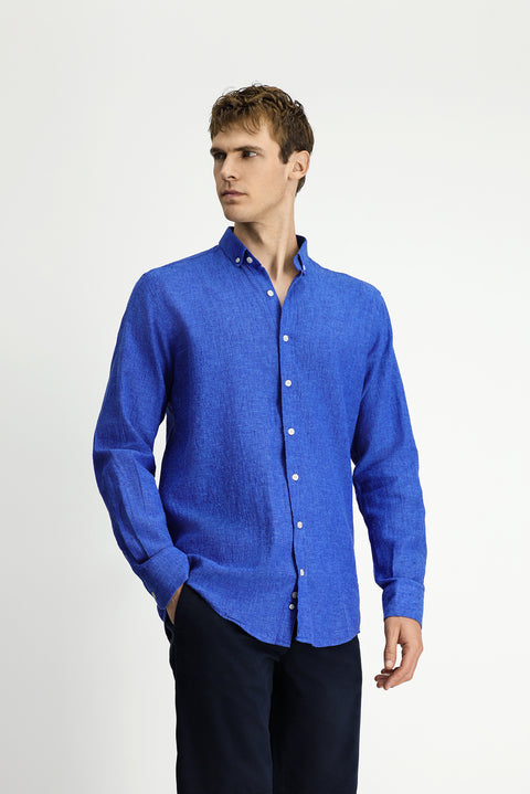 Saks Mavi Uzun Kol Regular Fit Düğmeli Yaka Pamuklu Keten Gömlek