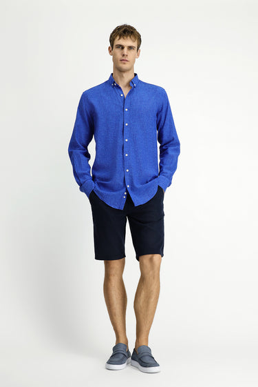  Saks Mavi Uzun Kol Regular Fit Düğmeli Yaka Pamuklu Keten Gömlek