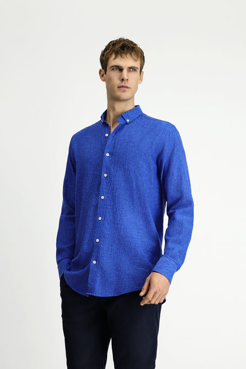 Saks Mavi Uzun Kol Regular Fit Düğmeli Yaka Pamuklu Keten Gömlek