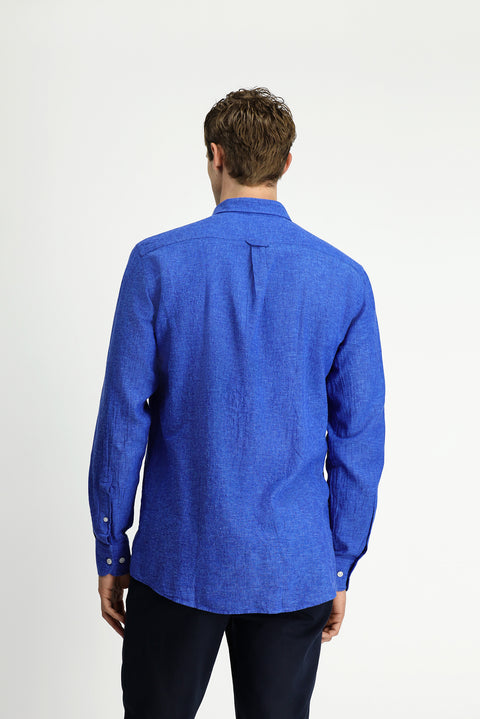Saks Mavi Uzun Kol Regular Fit Düğmeli Yaka Pamuklu Keten Gömlek