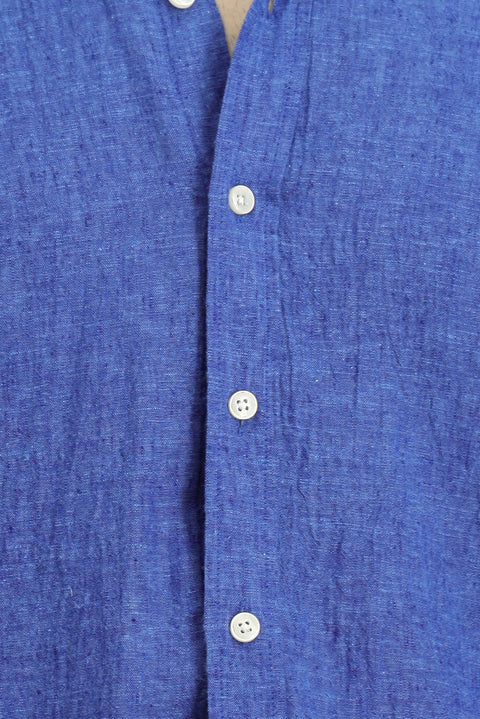 Saks Mavi Uzun Kol Regular Fit Düğmeli Yaka Pamuklu Keten Gömlek