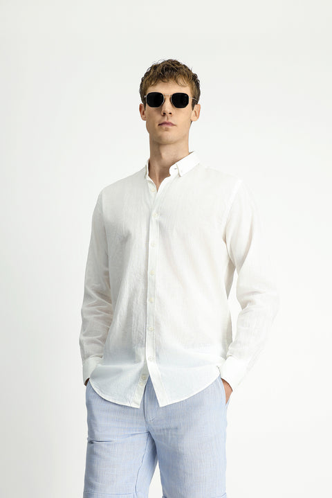 Beyaz Uzun Kol Regular Fit Düğmeli Yaka Pamuklu Keten Gömlek