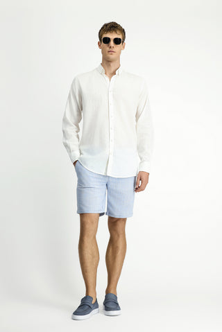  Beyaz Uzun Kol Regular Fit Düğmeli Yaka Pamuklu Keten Gömlek