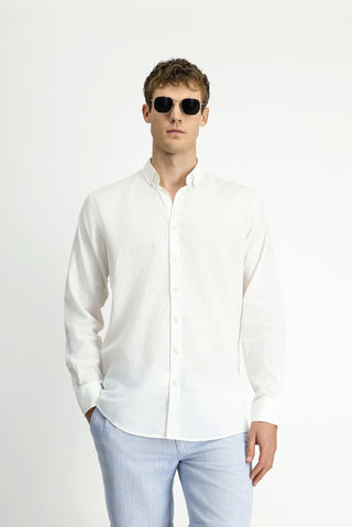  Beyaz Uzun Kol Regular Fit Düğmeli Yaka Pamuklu Keten Gömlek