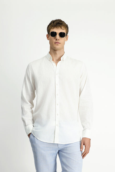 Beyaz Uzun Kol Regular Fit Düğmeli Yaka Pamuklu Keten Gömlek