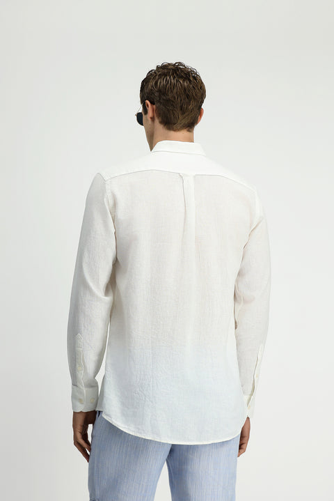 Beyaz Uzun Kol Regular Fit Düğmeli Yaka Pamuklu Keten Gömlek