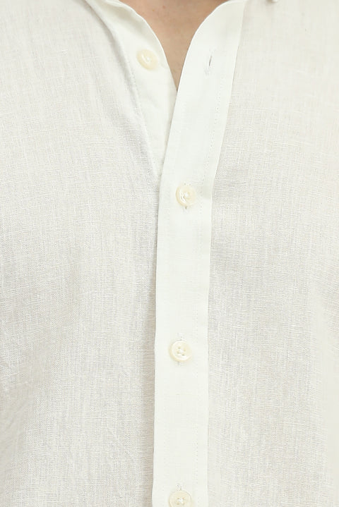 Beyaz Uzun Kol Regular Fit Düğmeli Yaka Pamuklu Keten Gömlek