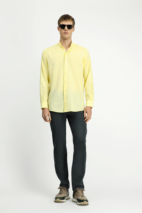 Sarı Uzun Kol Regular Fit Düğmeli Yaka Pamuklu Keten Gömlek